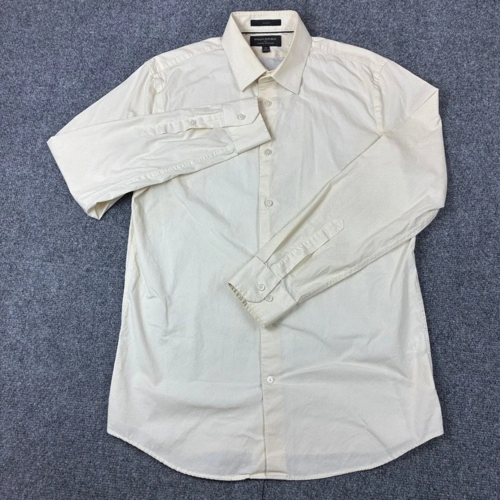 Banana Republic Mens Slim Fit Wrinkle Resistant Yellow Houndstooth Shirt Medium
